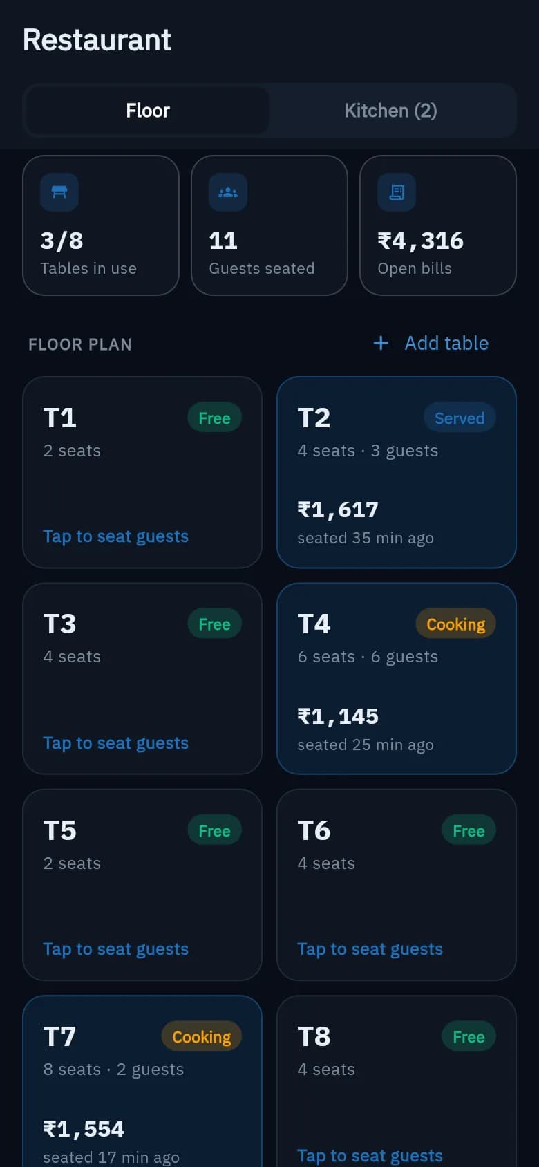 Restaurant floor plan in dark mode