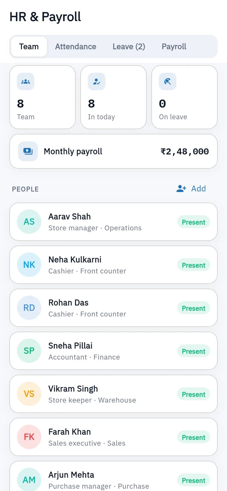 HR & payroll screen on iPhone, light mode