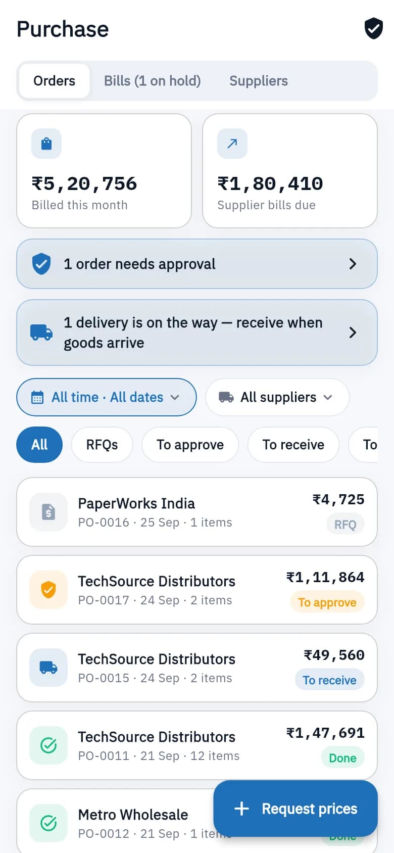 Purchase orders screen on iPhone, light mode